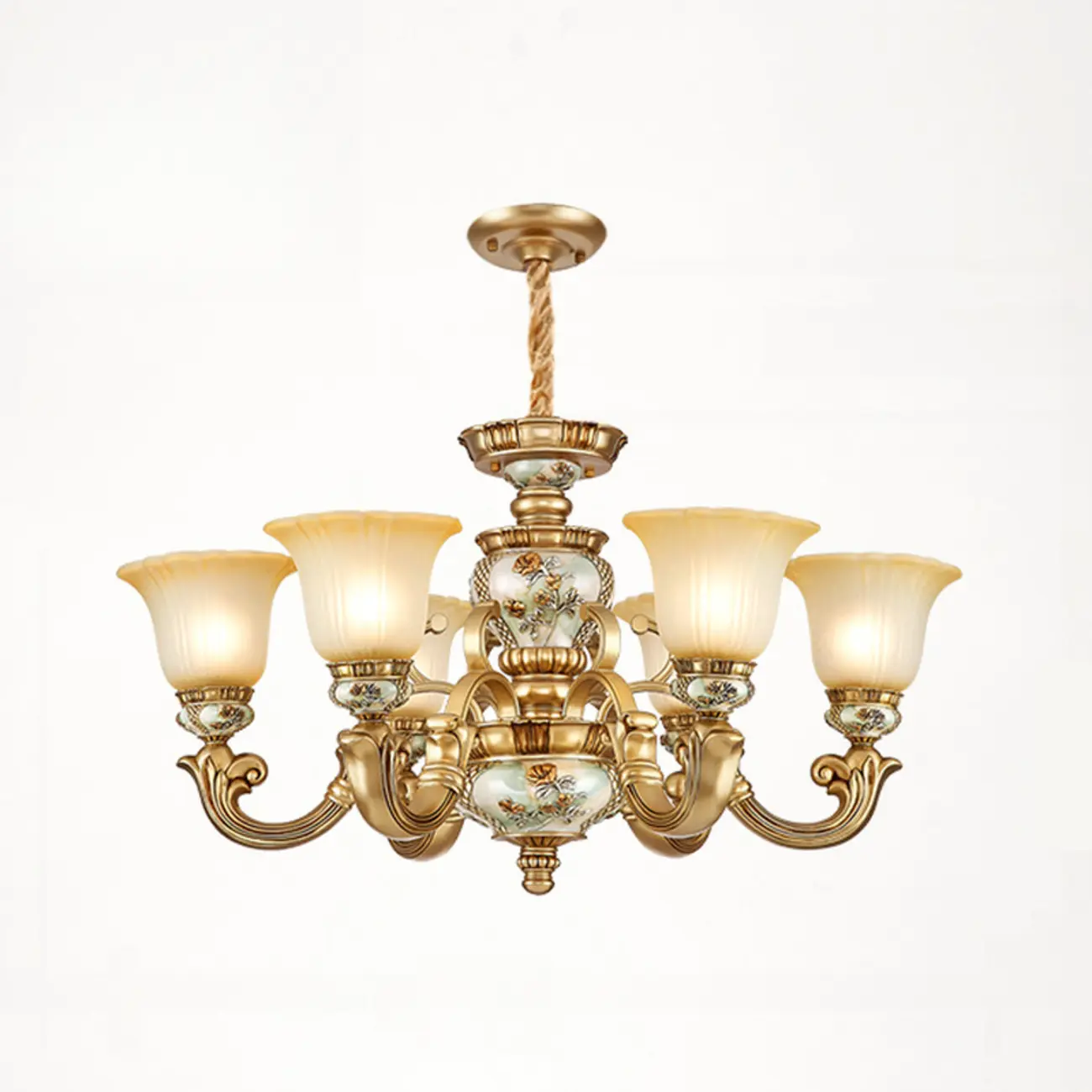 Antique Gold Ceramic Chandelier with Frosted Glass Bell Shape