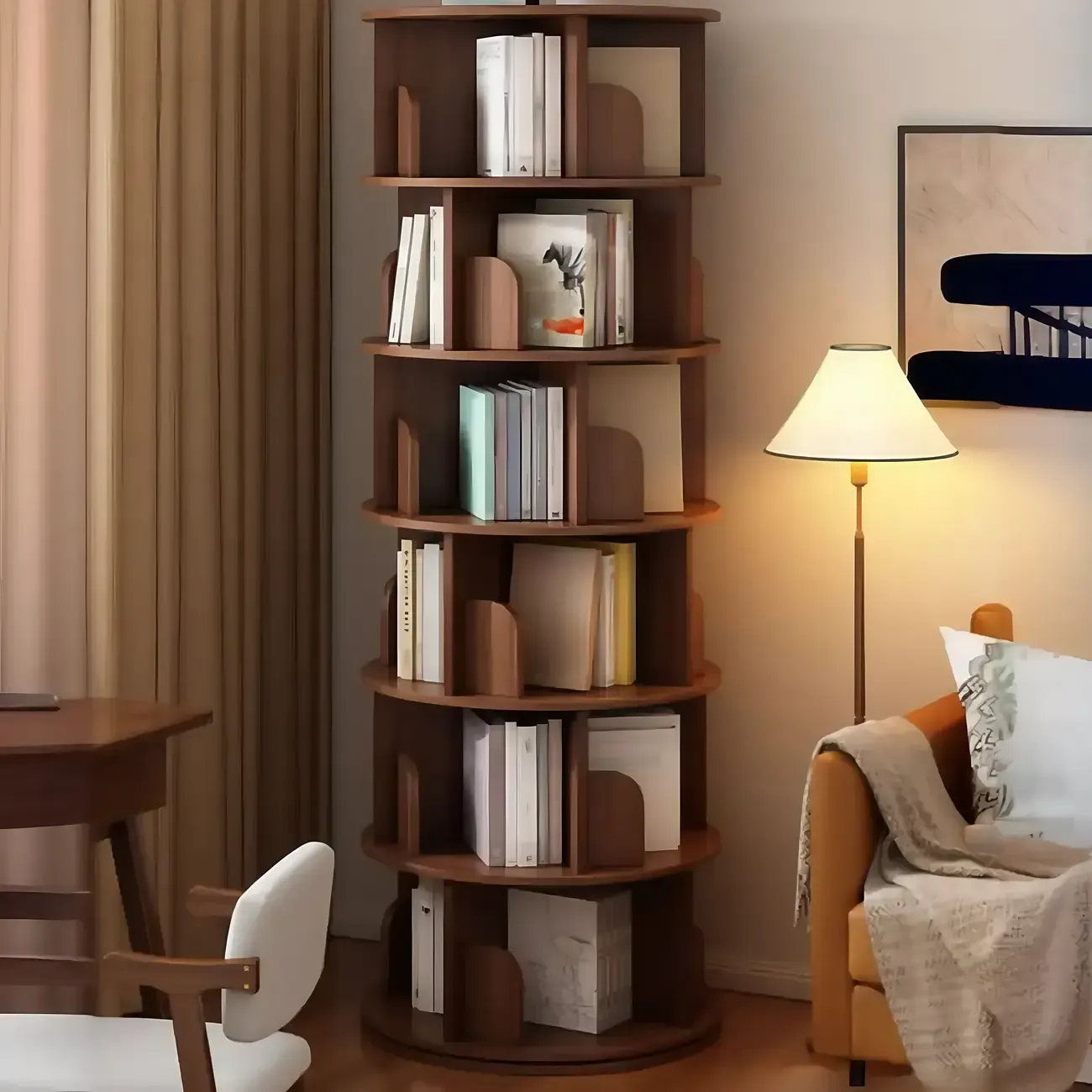 Brown Cylindrical Wooden Rotating Open-Back Bookcase