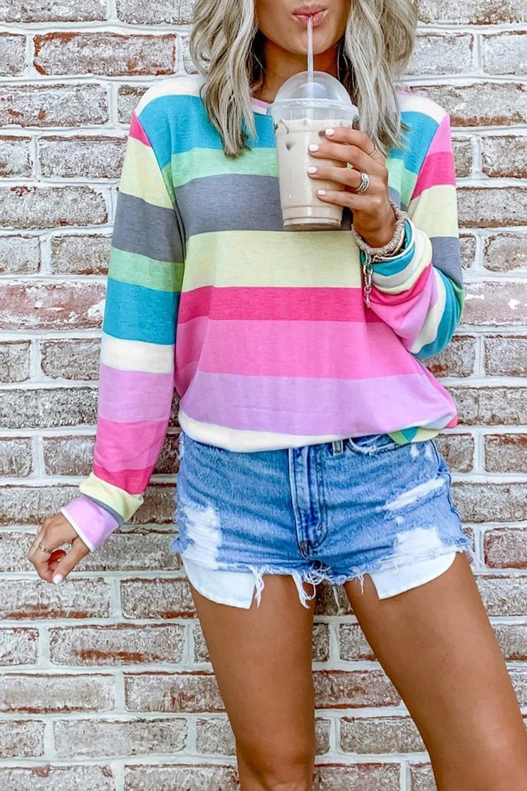 hulianfu hulianfu Rainbow Striped Multicolor Thin Tops(5 Colors) - Deanwangkt