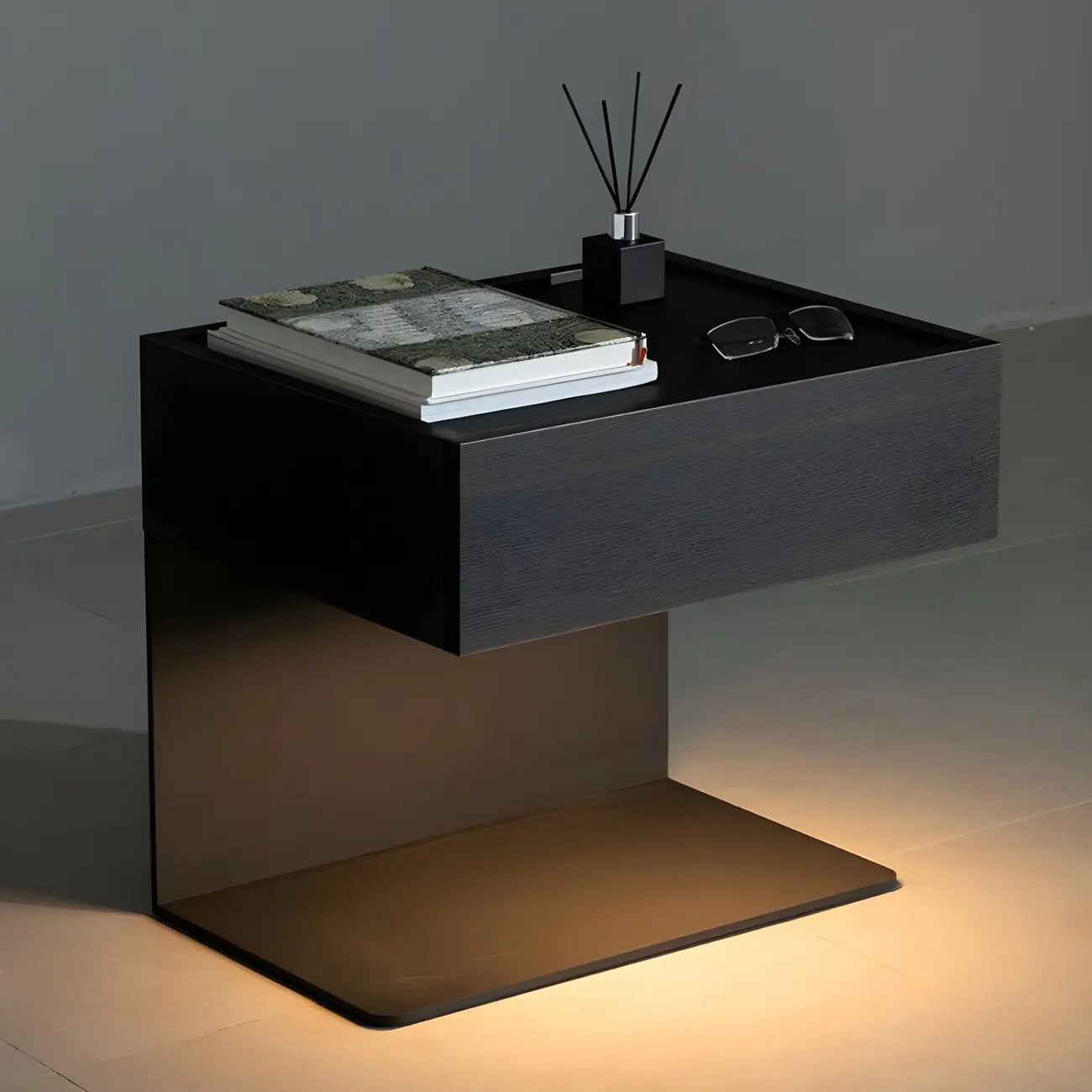 Black Steel Wood C-Shaped Drawer Nightstand with Light