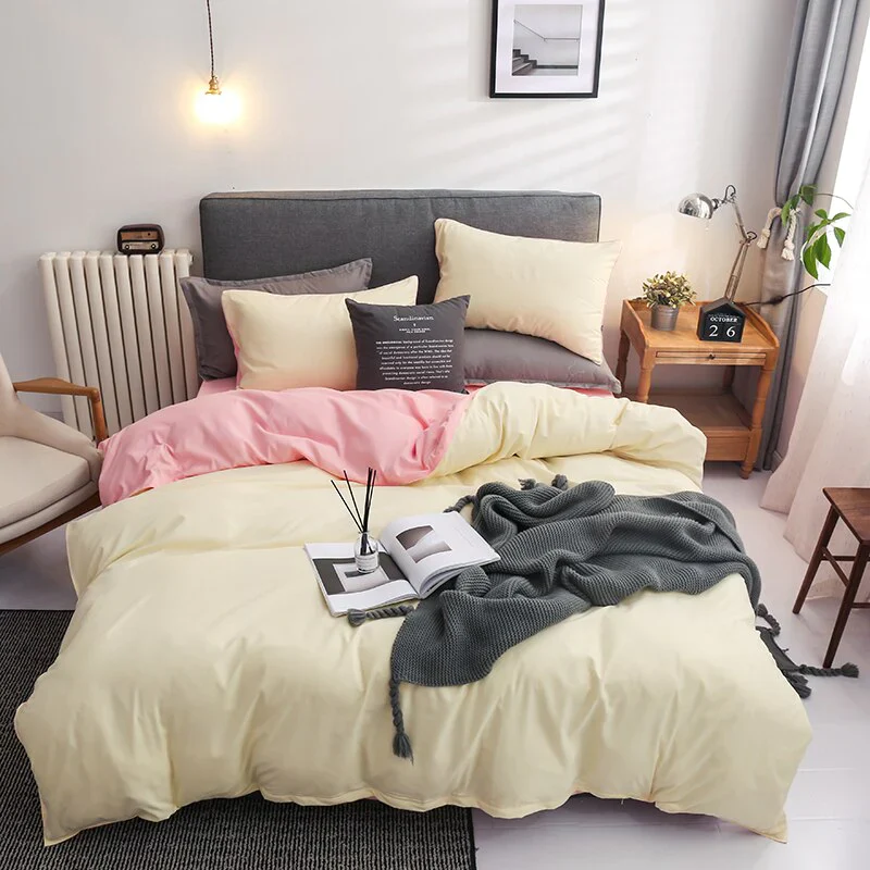 HULIANFU Nordic Double Color Bedding Set Single Queen King Duver Cover Set 240x220 Bed Sheet Bed Linen Pillowcase Gray Pink Quilt Covers - Deanwangkt