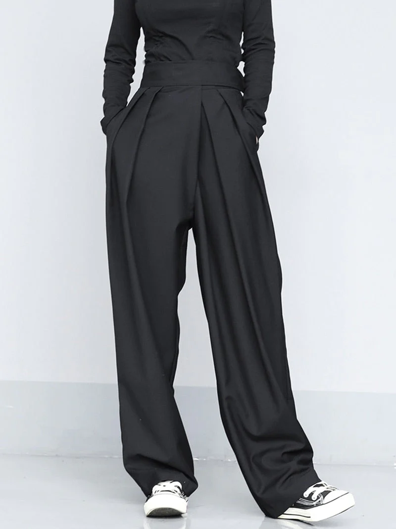 High Waist Black Brief Pleated Long Wide Leg Trousers New Loose Fit Pants Women Fashion Tide Spring Autumn 1S399 - Deanwangkt