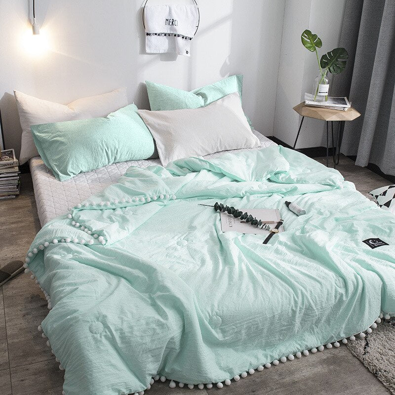 HULIANFU Summer throw Quilts fresh pink patchwork quilt stitching small balls duvet 1pc soft bedspread solid bed cover pastoral bed linen - Deanwangkt