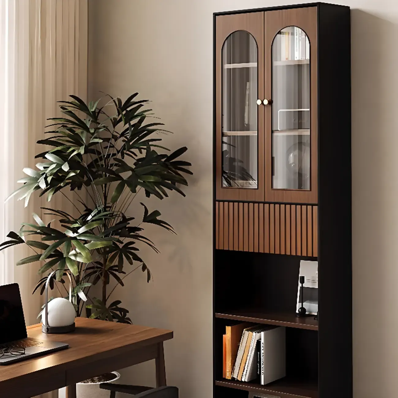 Tall French Country Display Wooden Bookcase with Cushioned Bench