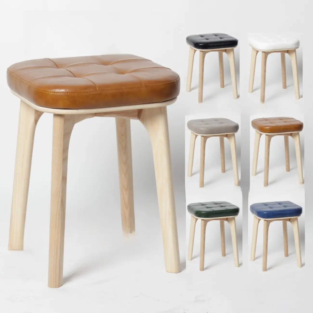 Scandinavian Wood Tufted Leatherette Bar Stools Backless