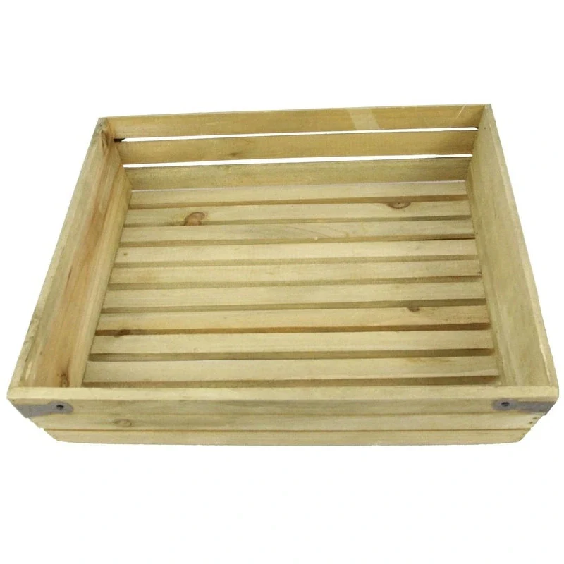 Natural wood large shallow square crate with metal corner design