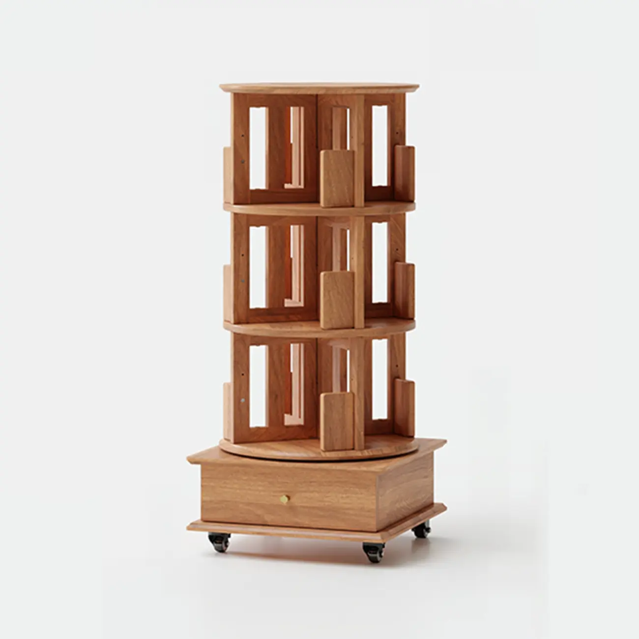 Cylindrical Movable 360° Rotating Wooden Bookshelf with Drawer