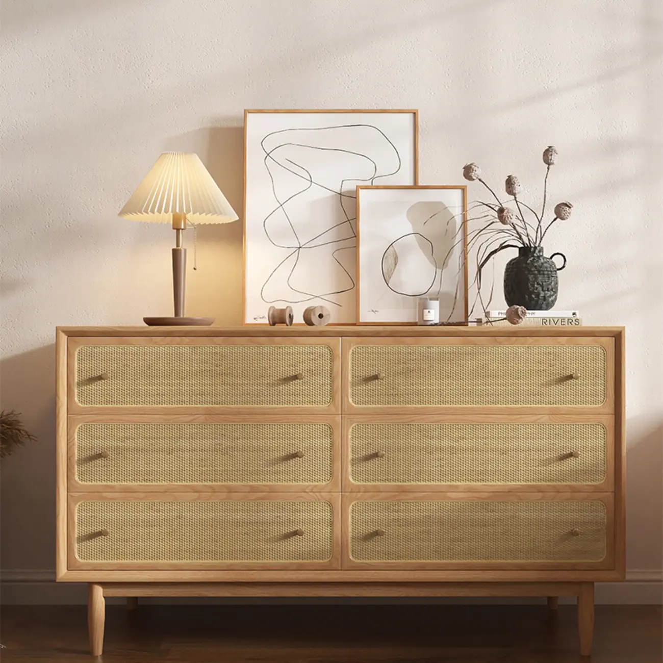 Tropical Wooden Dresser with Drawers and Gold Handles