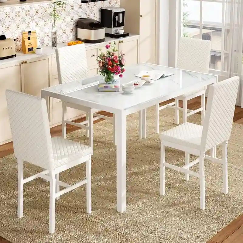 Grondin Modern Style 5-Piece Dining Room Table Set with Tempered Glass Tabletop and 4 Diamond Stitching PU Leather Dining Chairs