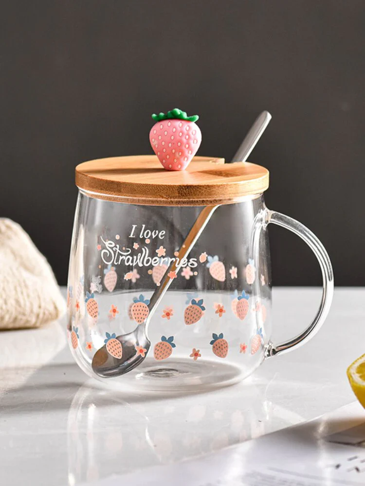 HULIANFU Novelty 3d Lid Cartoon Strawberry Cute Water Glass Transparent Milk Juice Drinkware Cup Mug Drinking Borosilicate Glasses Coffee - Deanwangkt