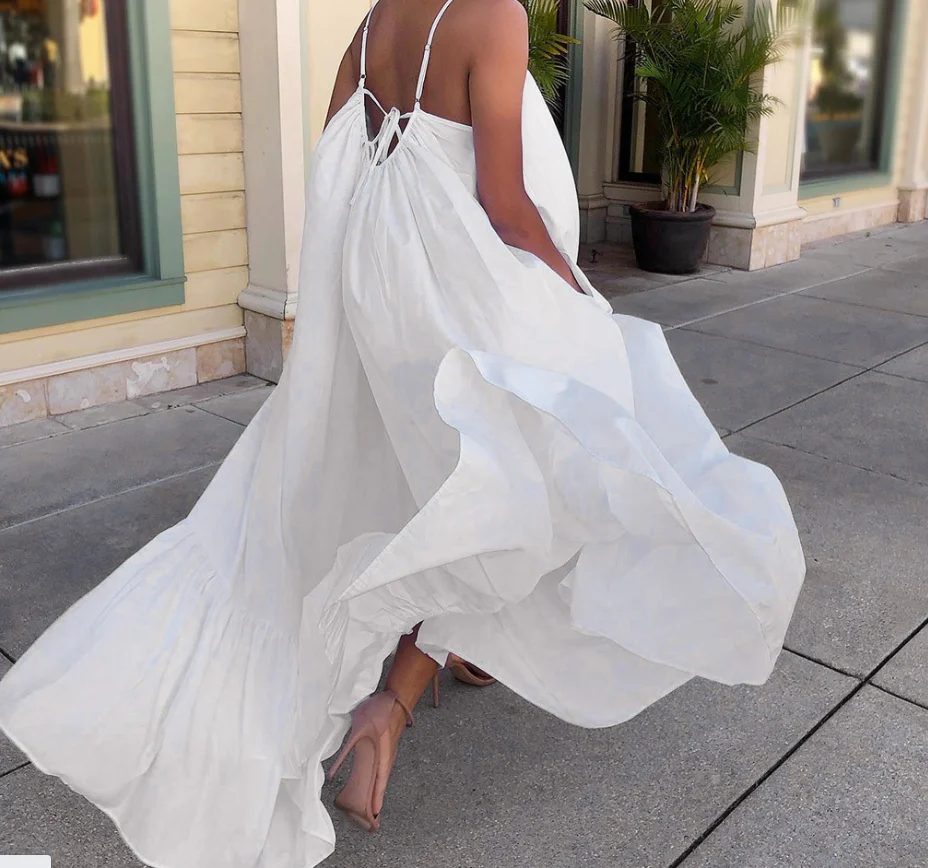 hulianfu Women Camisole Oversized Fashion Casual Solid Maxi Dresses Strap Dress Pocket Loose Backless Big Swing Solid Floor-length Robe - Deanwangkt