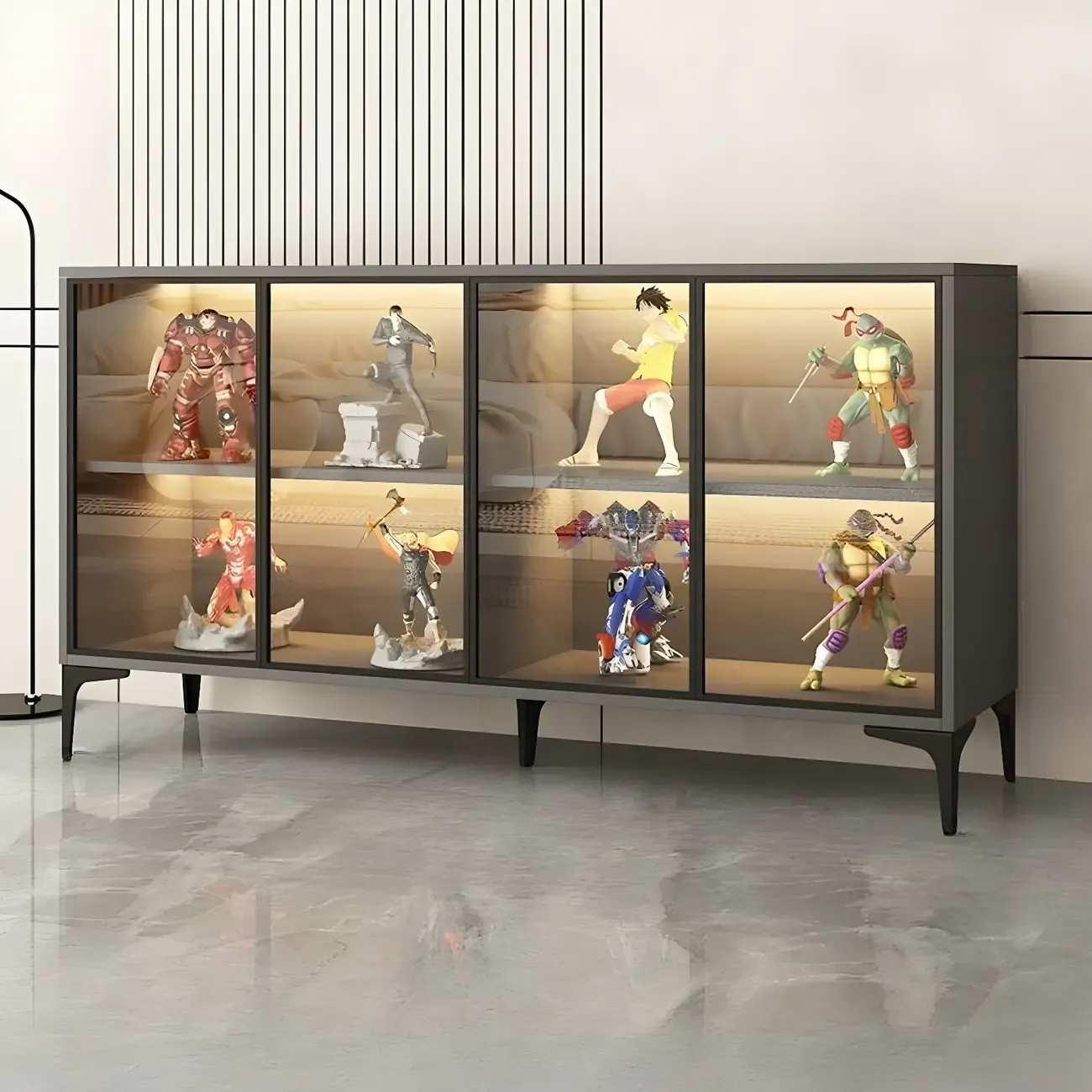 Freestanding Black Tempered Glass Wood Display Cabinet