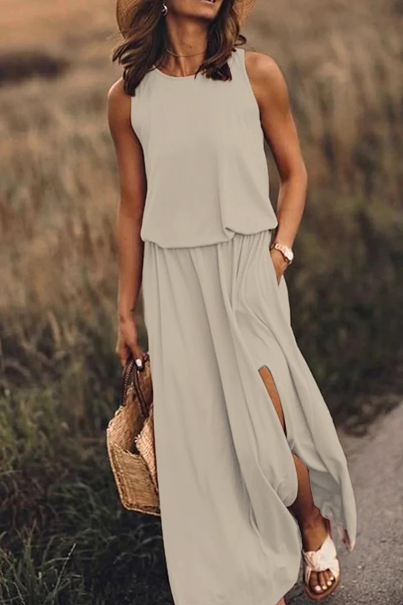 hulianfu Fashion Casual Solid Patchwork Slit O Neck Waist Skirt Dresses(8 Colors) - Deanwangkt