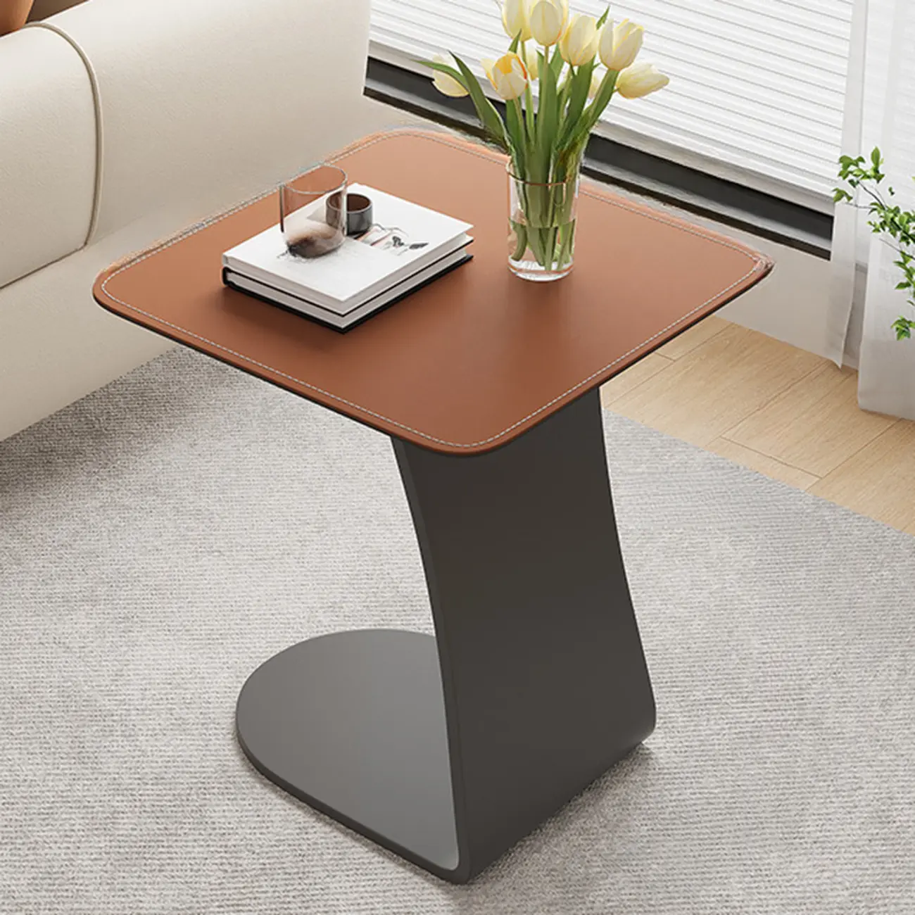 HomeyFad Square Leather Top C-Shape Metal Side Table