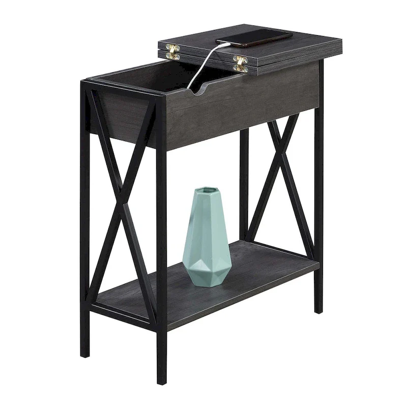Tucson Flip Top End Table with Charging Station and Shelf