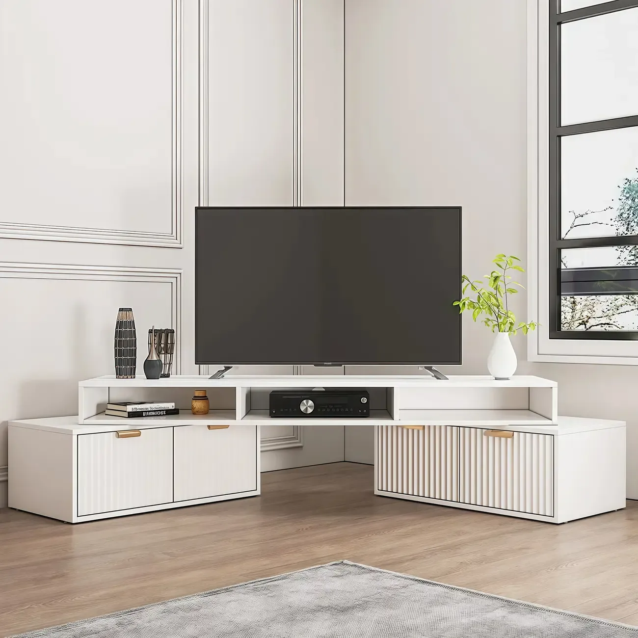 Modern White 2-Drawer Open Storage Corner TV Stand