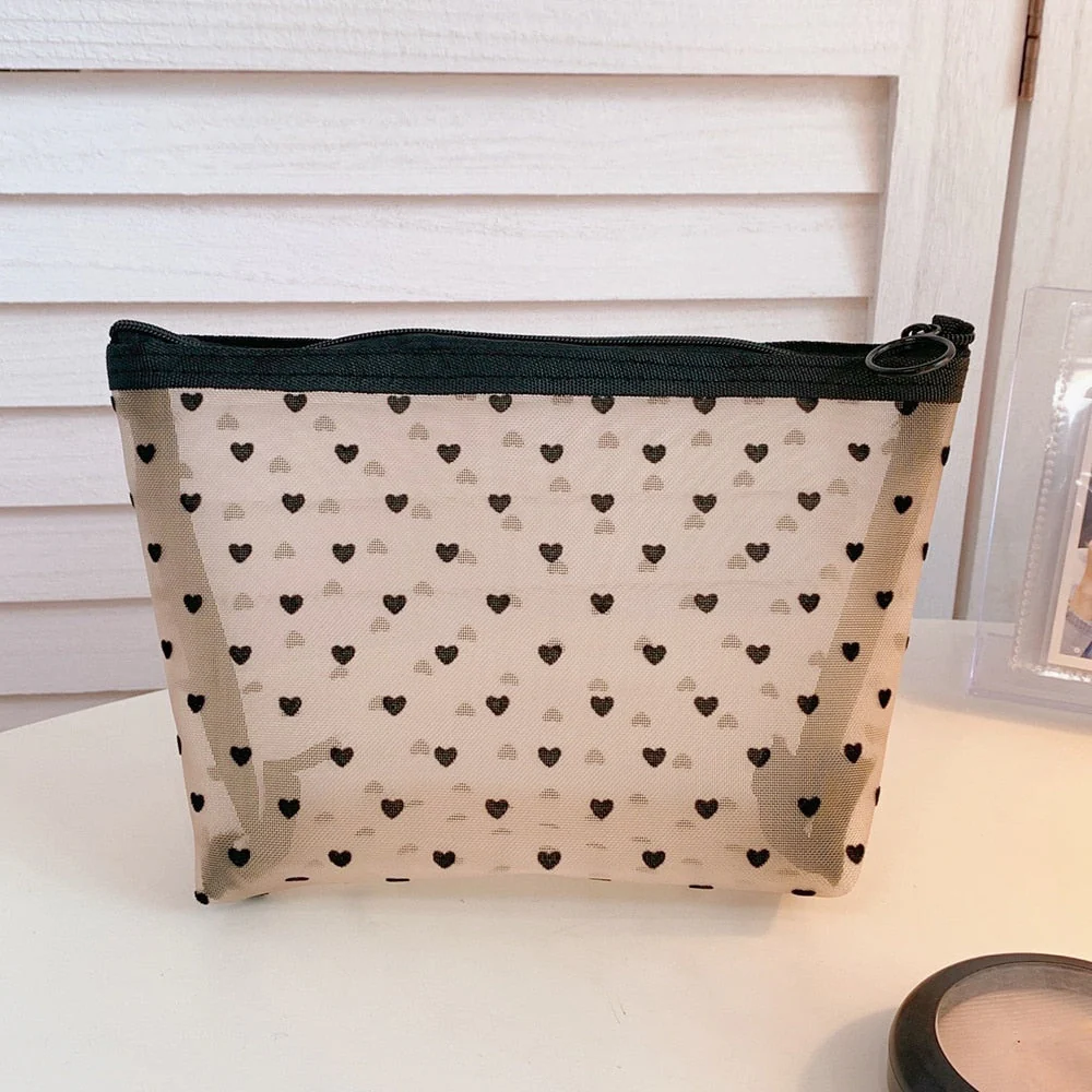 HULIANFU Mesh Cosmetic Makeup Bags Case Holder Cute Transparent Zipper Black Heart Printed Pencil Pen Case Pouch Convenient To Carry - Deanwangkt