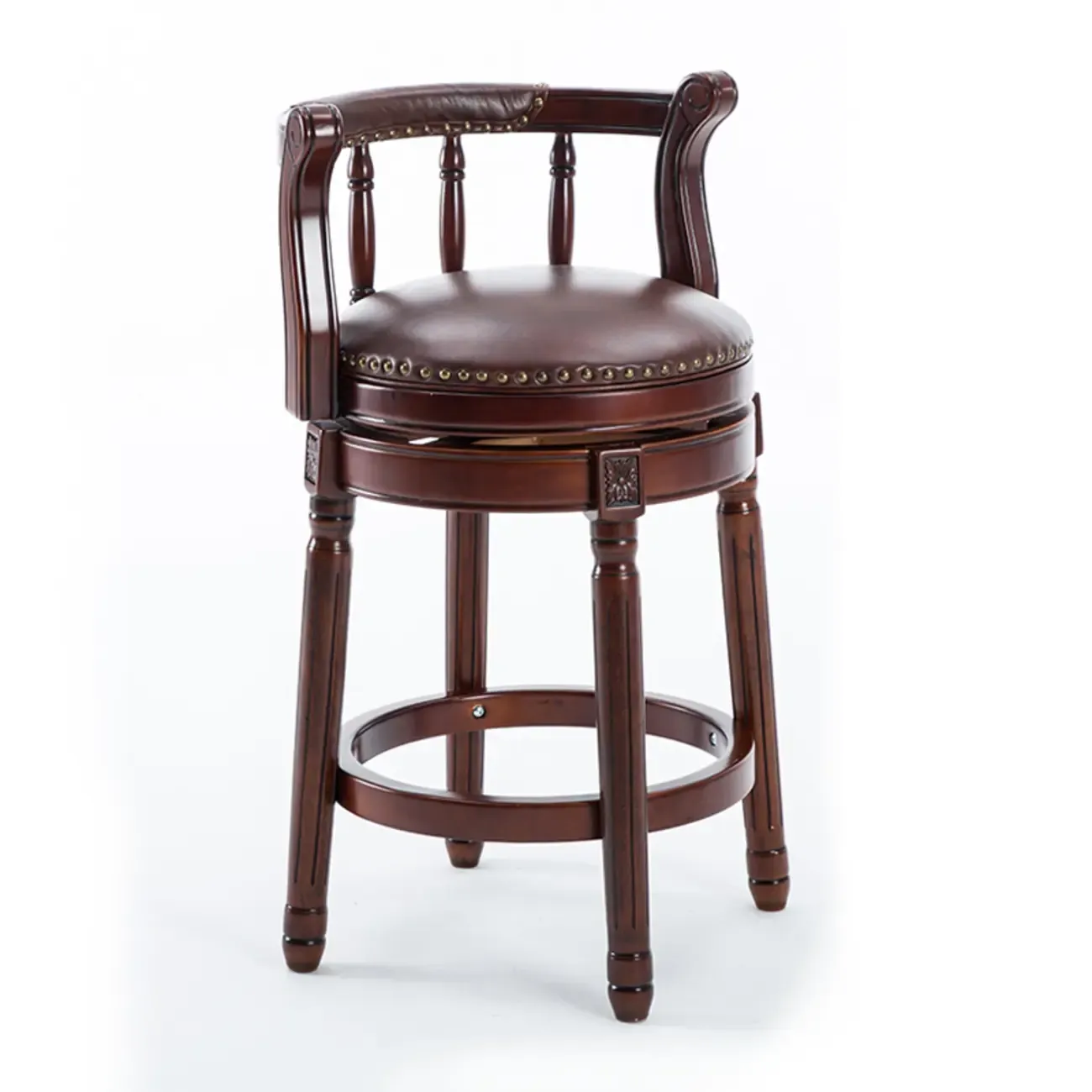 Swivel Counter Height Bar Stools in Genuine Leather & Walnut Solid Wood