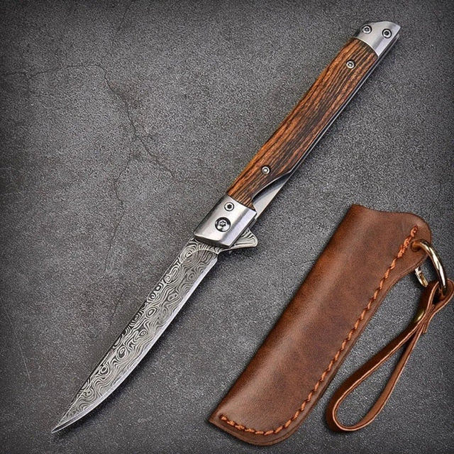 HULIANFU M390 Steel Folding Knife with Holster Wooden Handle Damascus Pattern High Hardness Outdoor Hunting Knife  Camping Survival Tools - Deanwangkt
