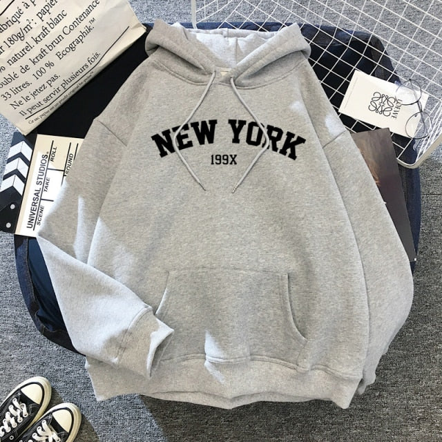 Female Thicken Warm Hoodies Lady Autumn Tops NEW Sweatshirts Velvet Winter Women's NEW YORK Printing Hooded Hoodies - Deanwangkt