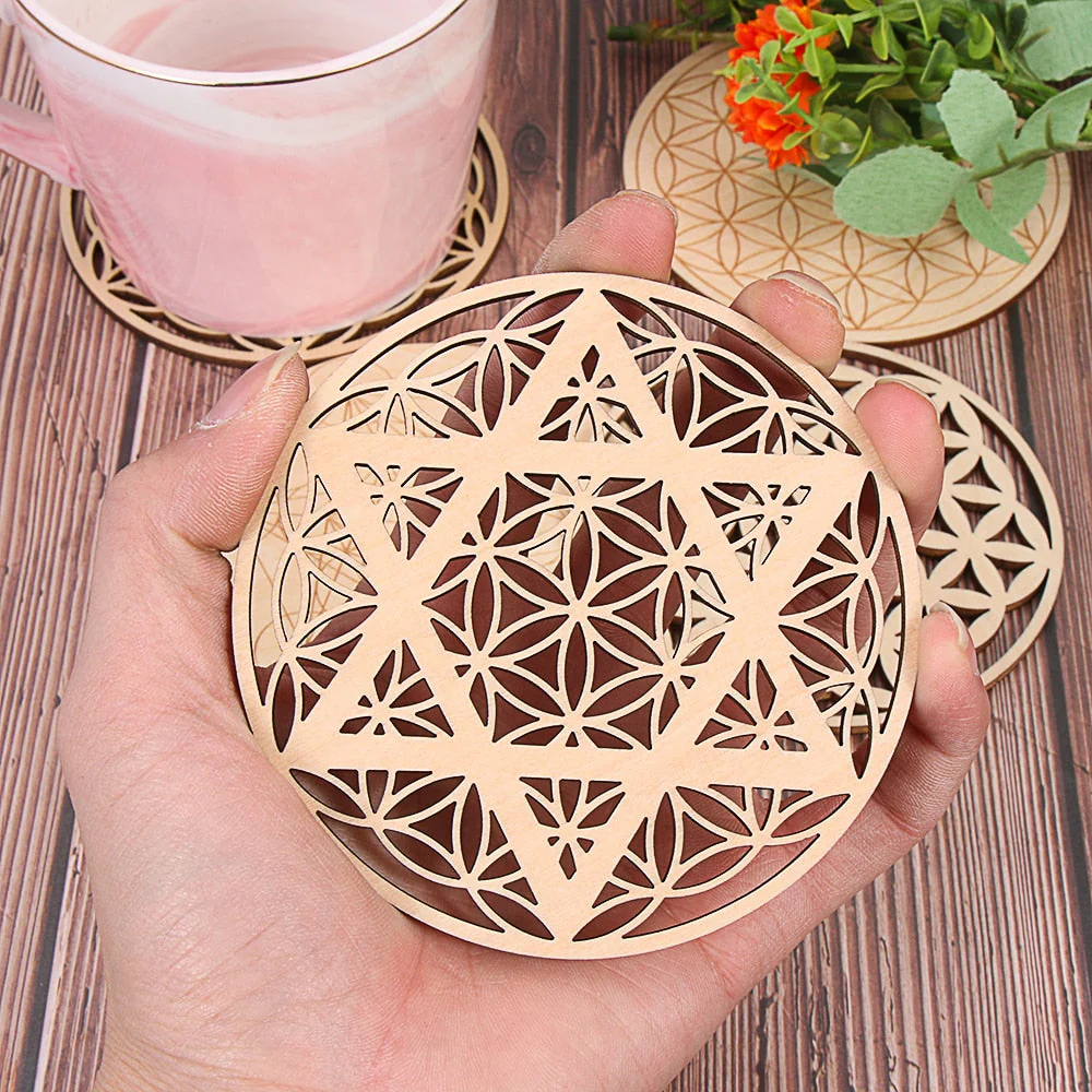 HULIANFU Log Color Chakra Pattern Round Edge Circles Carved Wooden Stand Coaster Flower of life Reload Stone Kitchen Hot Pad Mat Decor - Deanwangkt