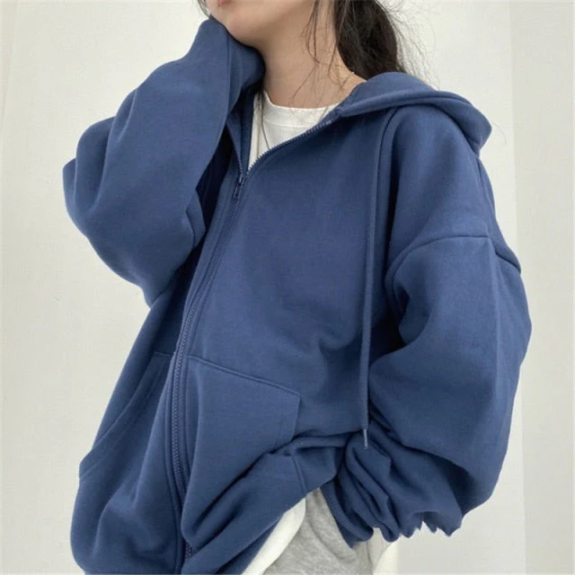 Women Korean Version Loose Hoodies Long Sleeve Zip Up Solid Pocket Oversized Sweatshirts Female Thin Harajuku Hooded Coat Top - Deanwangkt