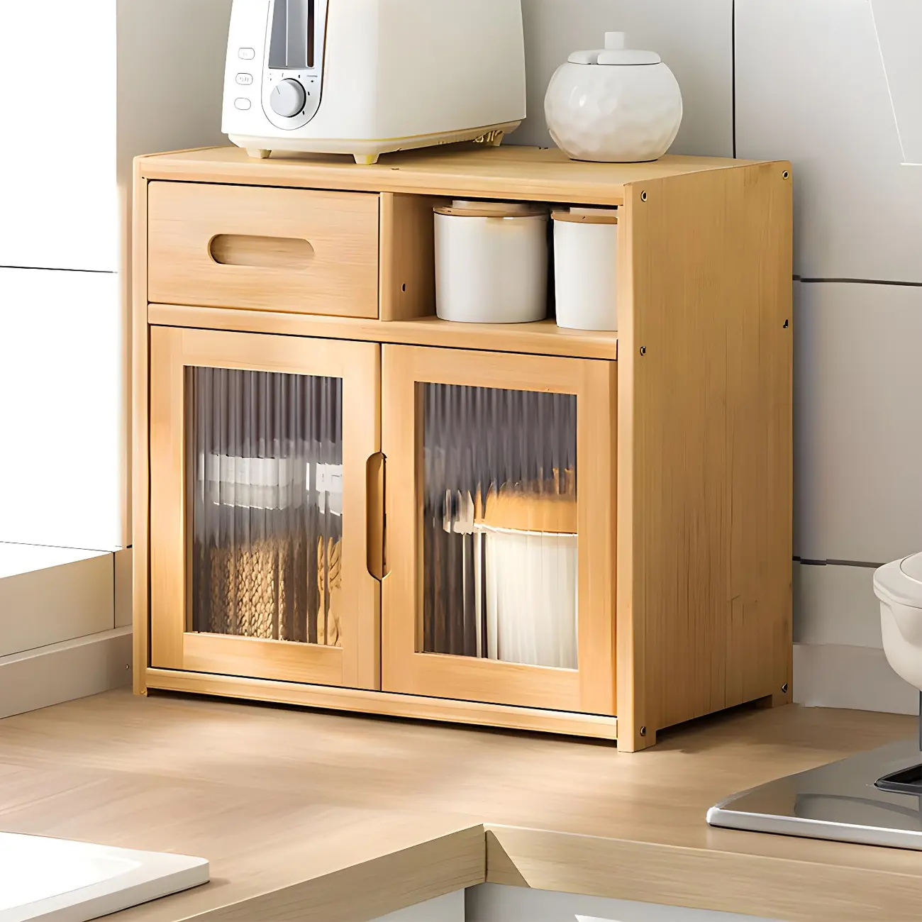 Modern Bamboo Display Cabinet with Acrylic Doors