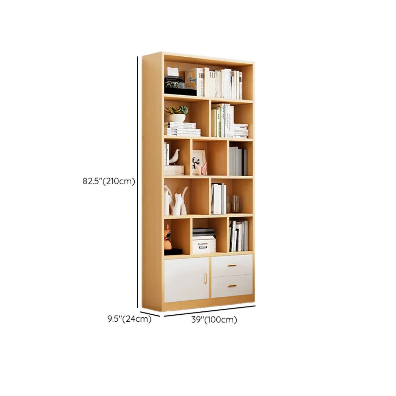 Natural Finish Narrow 6 Shelves Wooden Bookcase with Drawer