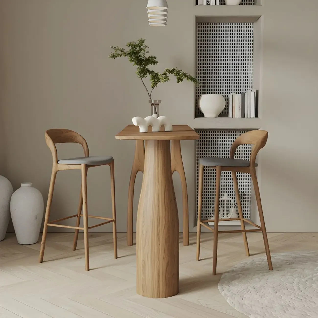 Mid-Century Modern Wood Faux Leather Bar Stool