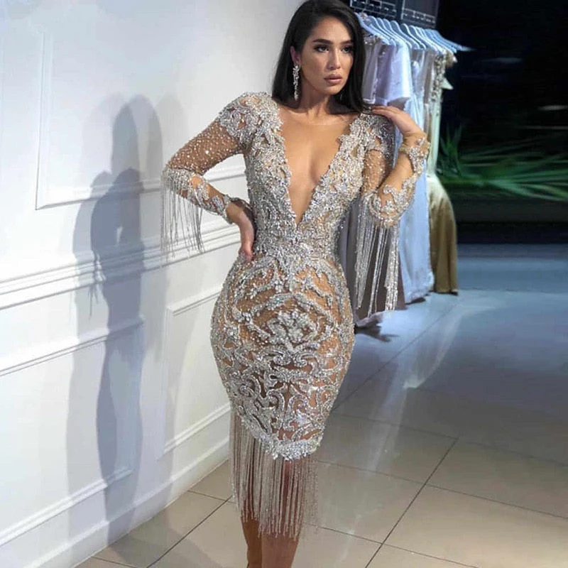 Hulianfu Luxury Tassel Evening Party Dress Women Sexy Elegant Fashion Long Sleeve V Neck Short Dresses - Deanwangkt
