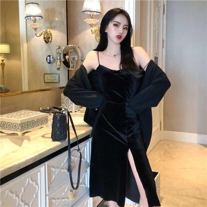 Hulianfu New Vintage Women Dress Spaghetti Strap Slit Velvet Black Dress Sexy Bodycon Bandage Dress Midi Party Dress Verano Vestidos - Deanwangkt