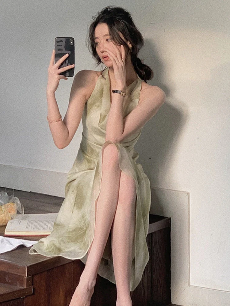 Hulianfu Vintage Sexy Sleeveless Neck-mounted Party Maxi Dresses for Women Halter Spaghetti Strap Folds Midi Dress Elegant Fashion Summer - Deanwangkt
