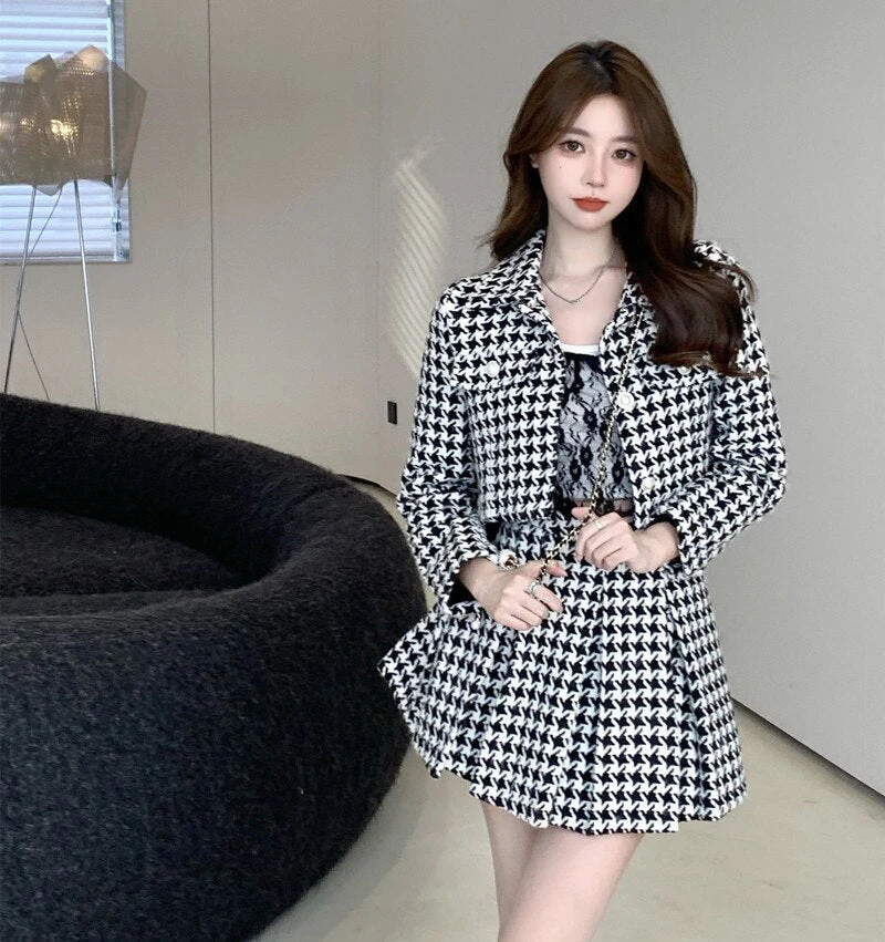 Women New Spring 2 Piece Matching Suits Long Sleeve Plaid Short Jacket&High Waist Pleated Mini Skirt Vintage 2pc Dress Sets - Deanwangkt