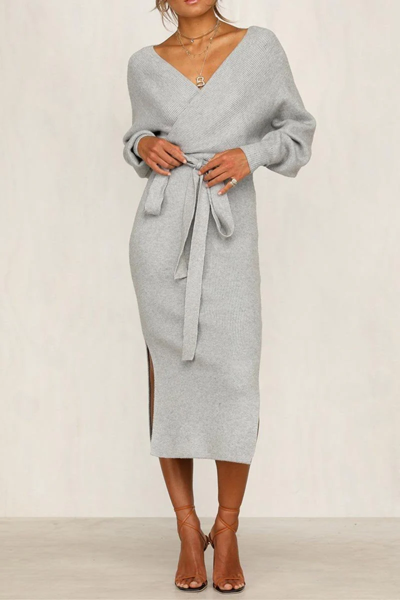 hulianfu hulianfu V Neck Backless Sweater Dress(5 Colors) - Deanwangkt
