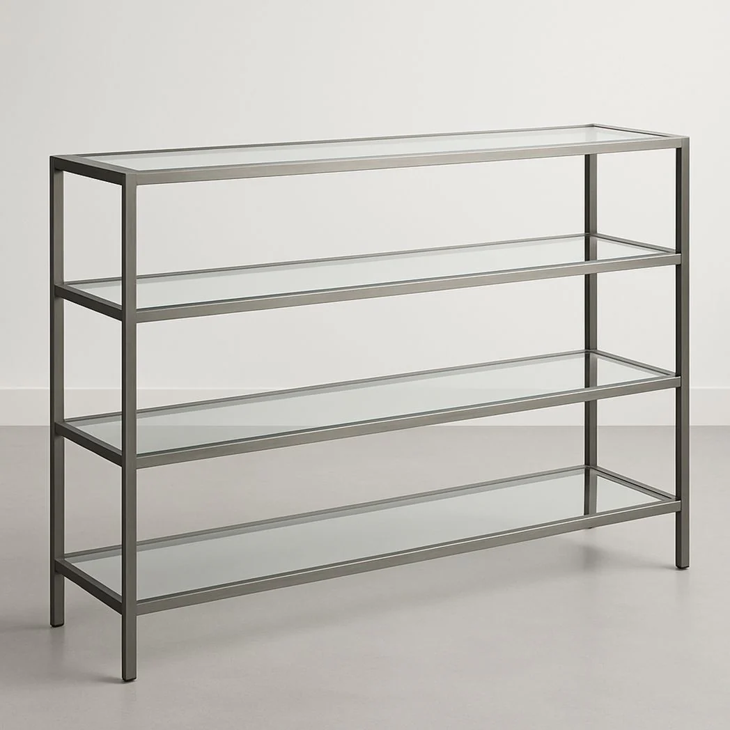 Étagère de rangement en métal et verre trempé rectangulaire 4 niveaux 120x40x90 cm Transparent/Argent