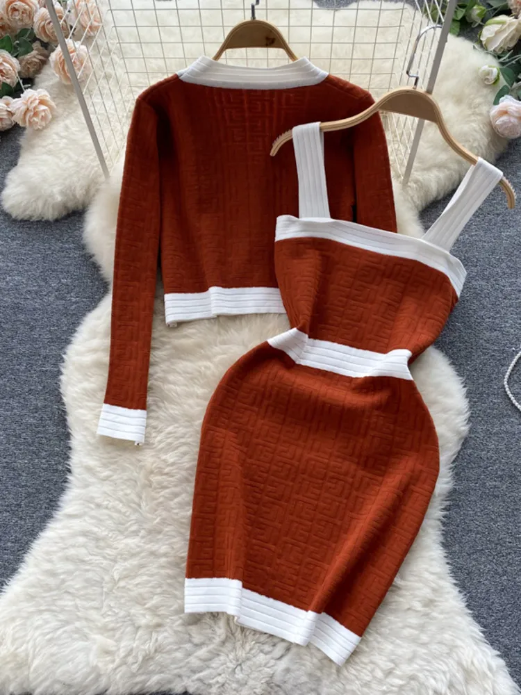 Two Piece Dress Autumn Womens es Knitwear Suits Small Fragrance Knitted Cardigan Coat Suspender Knit Streetwear Sets 221115 - Deanwangkt
