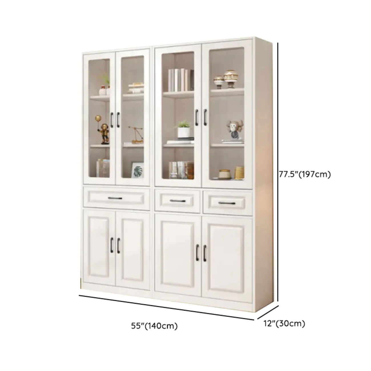Rectangular White Wood Vertical Display Bookcase with Drawers