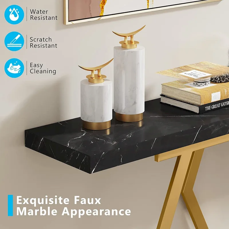 70.9 Inch Extra Long Modern Sofa Console Table with Faux Marble Tabletop Base Gold Frame for Living Room Entryway Hallway