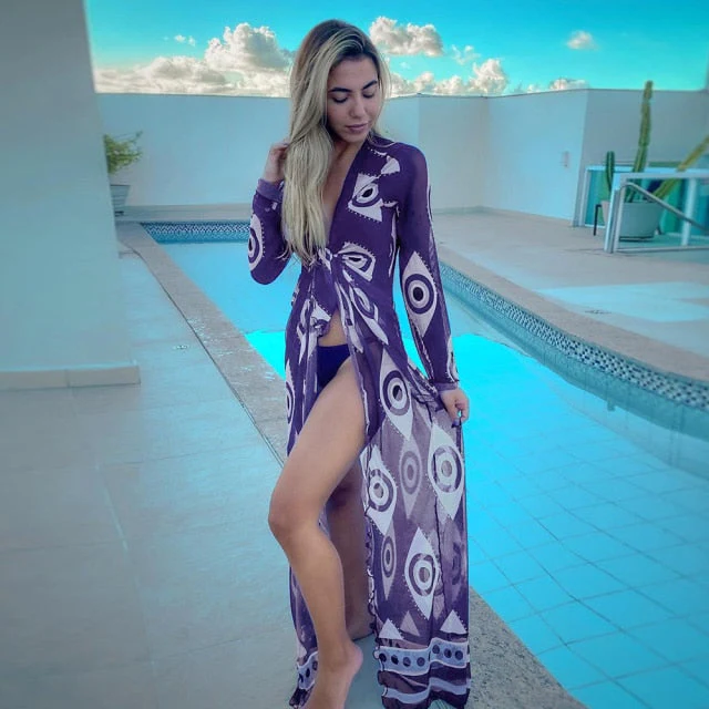 Leaves Print Bikini Beach Cover up Tunics for Beach Long Kaftan Bikini Cover up Robe de Plage Sarong Beach Swimsuit cover-ups - Deanwangkt