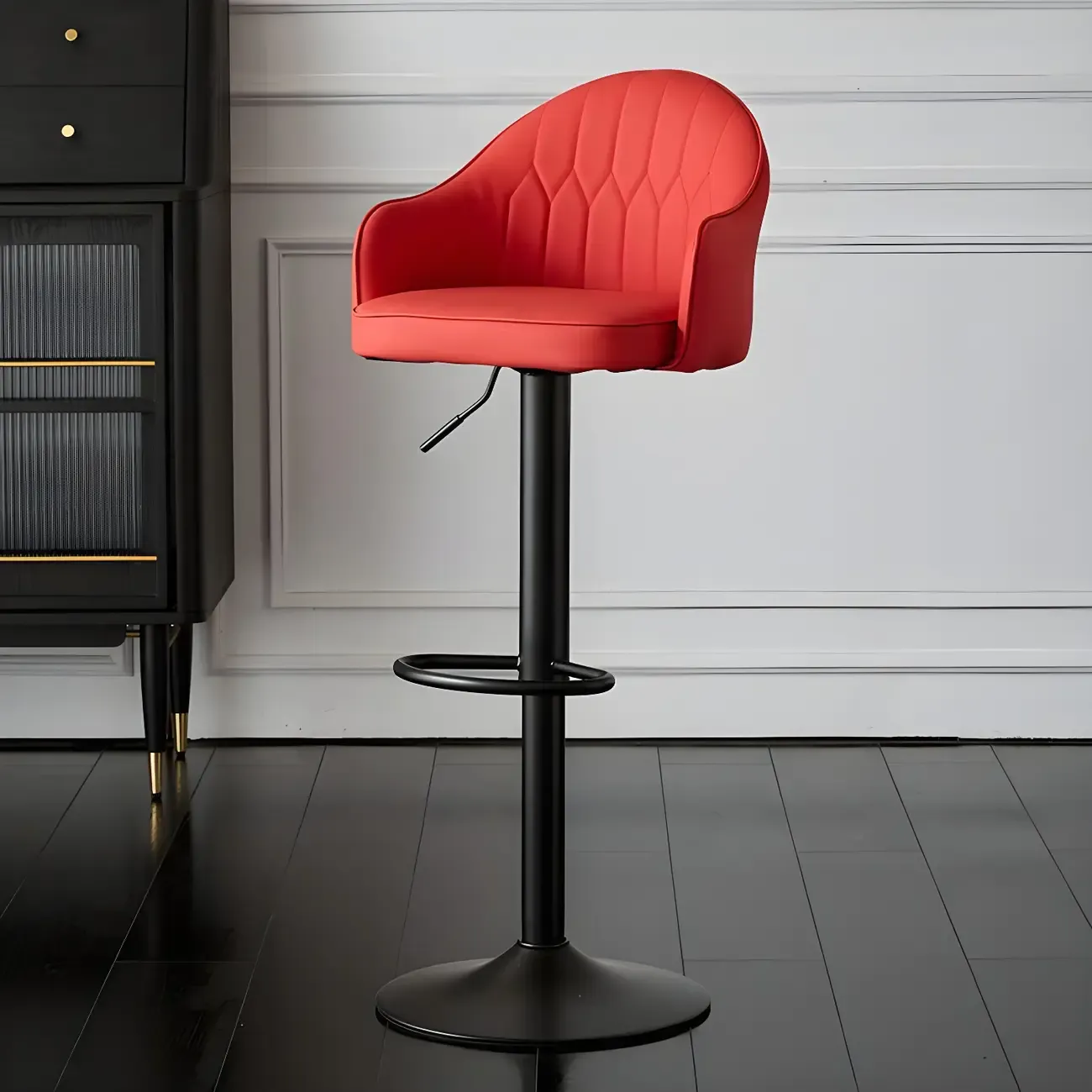 Swivel Upholstered Adjustable Height Home Armed Barstool with Metal Base