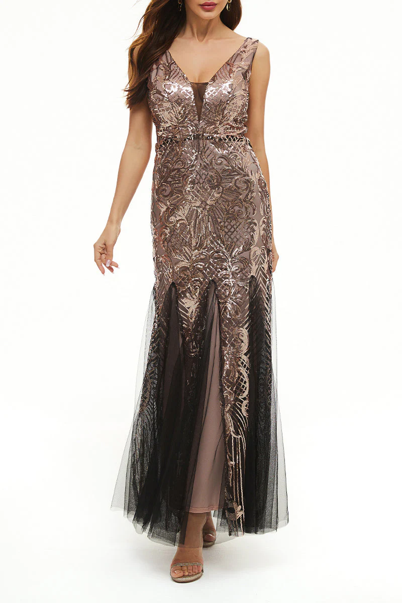 hulianfu Elegant College Patchwork Sequins V Neck Evening Dress Dresses - Deanwangkt