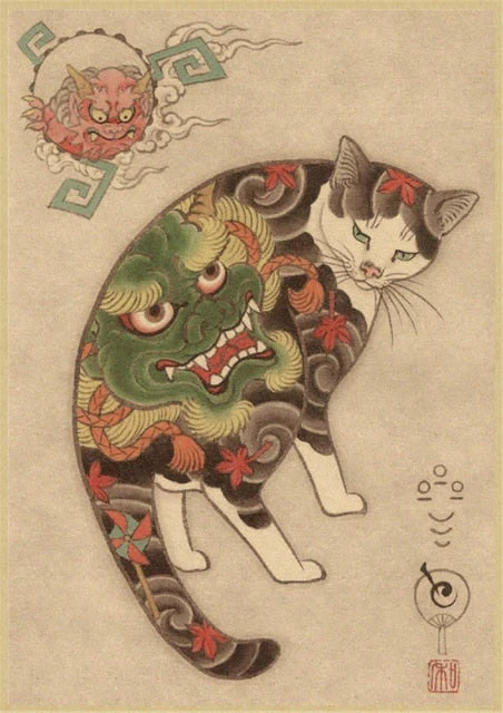 HULIANFU Japanese samurai cat tattoo cat vintage poster wall art sticker painting living room decoration bedroom print picture - Deanwangkt