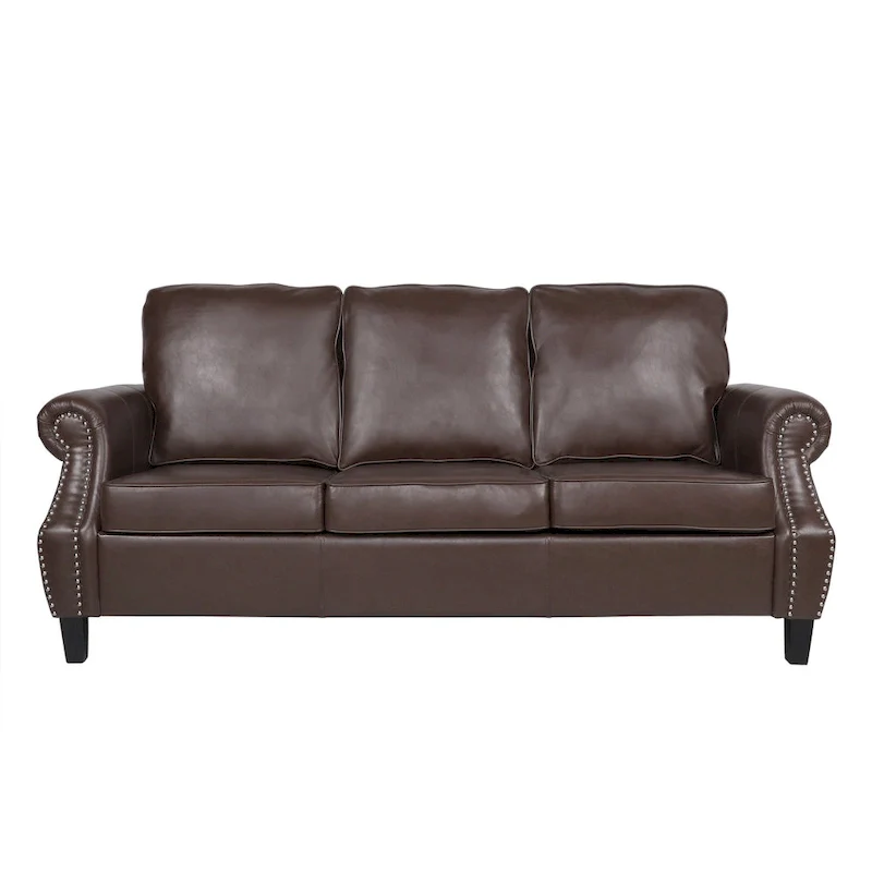 Dark Brown Modern 80 Faux Leather 3-Seater Sofa with Birch Wood Legs and Nailheads