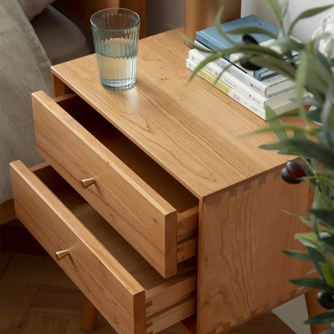 Scandinavian Narrow Cherry Wood Nightstand with Drawers