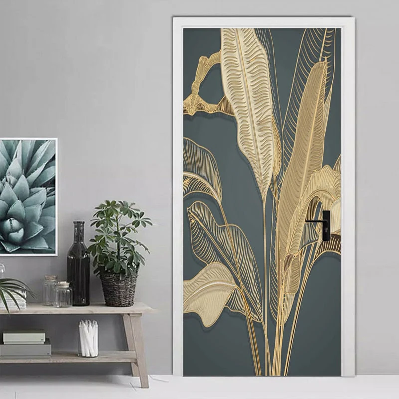 HULIANFU 2026  Door Sticker Modern Banana Leaf Light Luxury 3D Relief Golden Line Wallpaper Living Room Bedroom Abstract Art Door Poster Decor - Deanwangkt