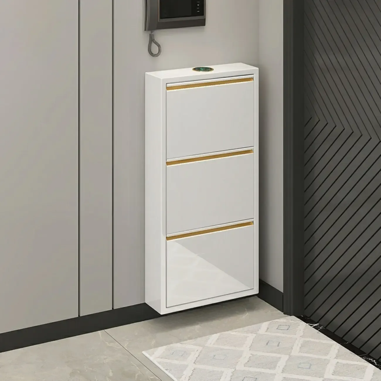 Gloss Black Wall Mounted Wooden Slim Drop Front Shoe Cabinet