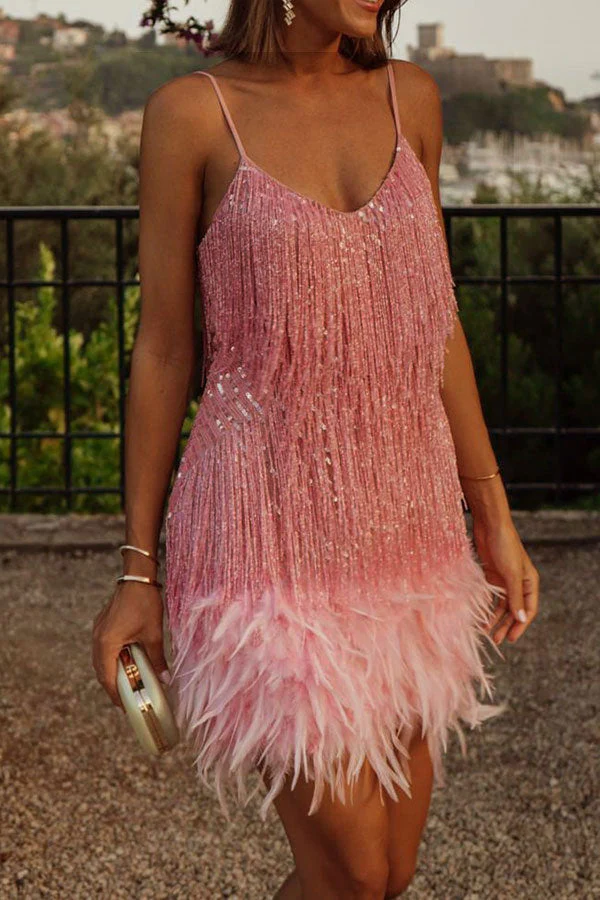 hulianfu Feather&Sequined Sweet Mini Dress - Deanwangkt