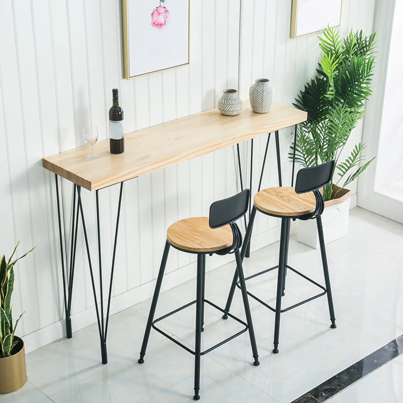 Sleek Counter Height Bar Table Wood Top Gold Base for Dining