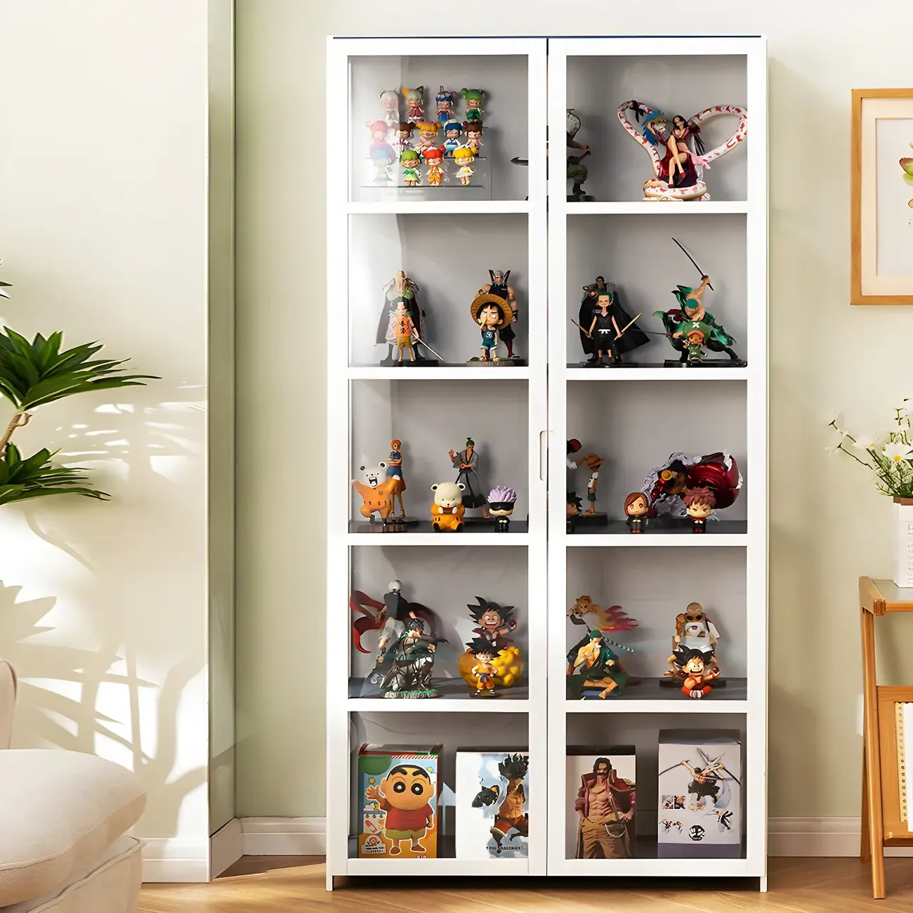 White Modern Bamboo Clear Figure Curio Cabinet