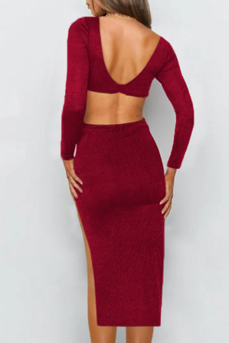 hulianfu Elegant Solid Hollowed Out Backless Slit V Neck Pencil Skirt Dresses - Deanwangkt